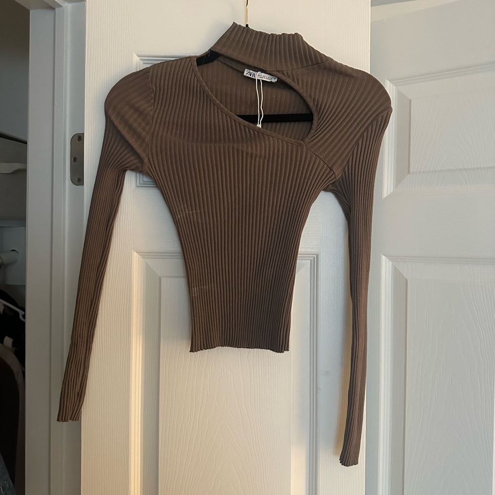 Zara Brown Ribbed Cut Out Bodysuit Long Sleeve